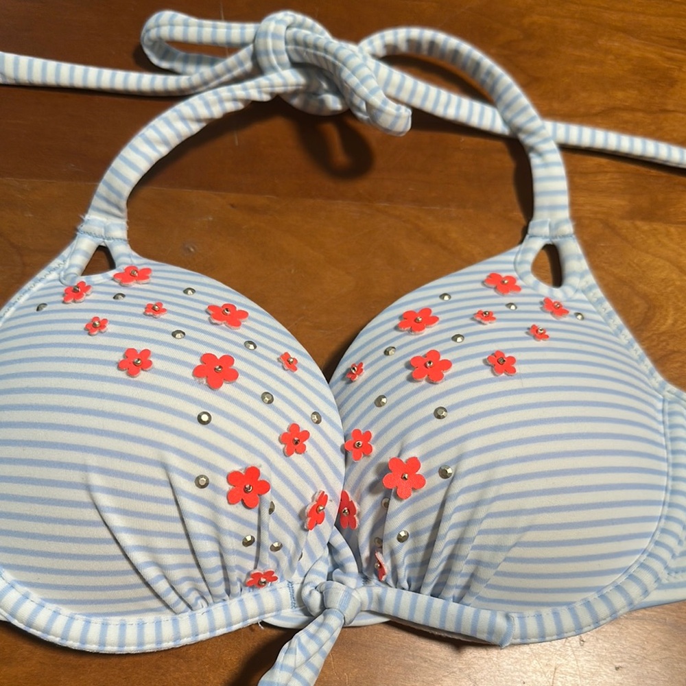 VS Striped Bikini Top with Floral Accents